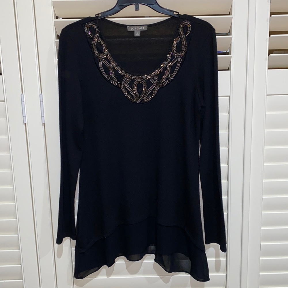 Roz & Ali black longsleeve bedazzled neckline dressy blouse women’s shirt top S​